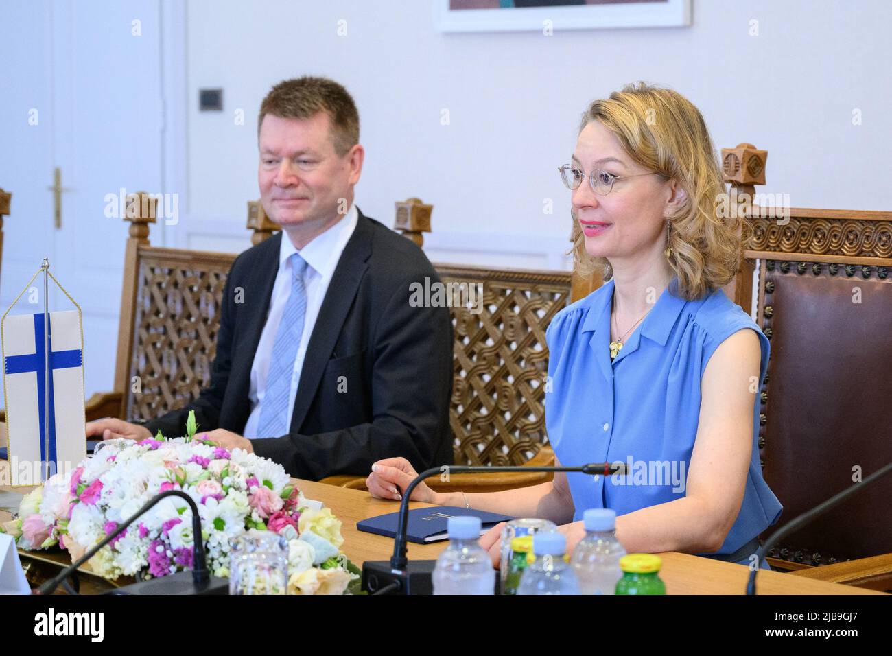 Zagreb, Croatia. 04th June, 2022. Finnish minister Tytti Tuppurainen met for discussions with Croatian State Secretary for Europe Andreja Metelko-Zgombic and Chair of the European Affairs Committee of the Croatian Parliament Domagoj Hajdukovic in Zagreb on June 4, 2022. Topics on the agenda during the visit included the war launched by Russia and assistance to Ukraine, EU enlargement prospects in the Western Balkans, Finland’s NATO membership process, and Croatia’s accession to the Schengen area and adoption of the euro. Photo: Davor Puklavec/PIXSELL Credit: Sandra Krunic/Alamy Live News Stock Photo