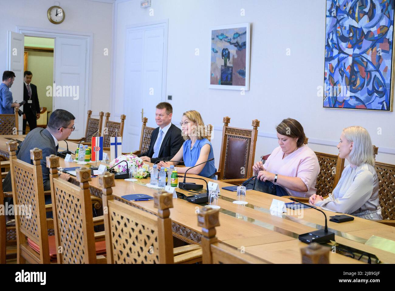 Zagreb, Croatia. 04th June, 2022. Finnish minister Tytti Tuppurainen met for discussions with Croatian State Secretary for Europe Andreja Metelko-Zgombic and Chair of the European Affairs Committee of the Croatian Parliament Domagoj Hajdukovic in Zagreb on June 4, 2022. Topics on the agenda during the visit included the war launched by Russia and assistance to Ukraine, EU enlargement prospects in the Western Balkans, Finland’s NATO membership process, and Croatia’s accession to the Schengen area and adoption of the euro. Photo: Davor Puklavec/PIXSELL Credit: Sandra Krunic/Alamy Live News Stock Photo