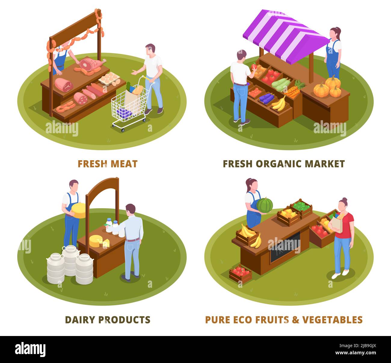 Farmers market 4 isometric compositions with fresh local organic dairy products meat fruits vegetables stalls vector illustration Stock Vector