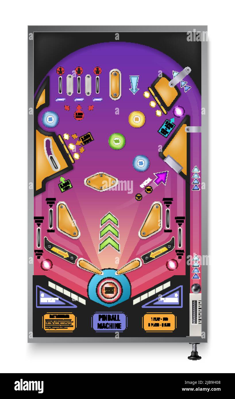 Classic pinball machine realistic top view with steel ball plunger flashing lights play field obstacles vector illustration Stock Vector