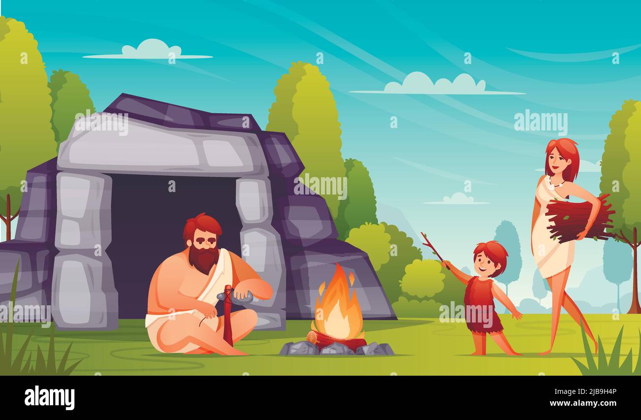 Stone age prehistoric people life flat composition with caveman family making tools keeping fire burning vector illustration Stock Vector