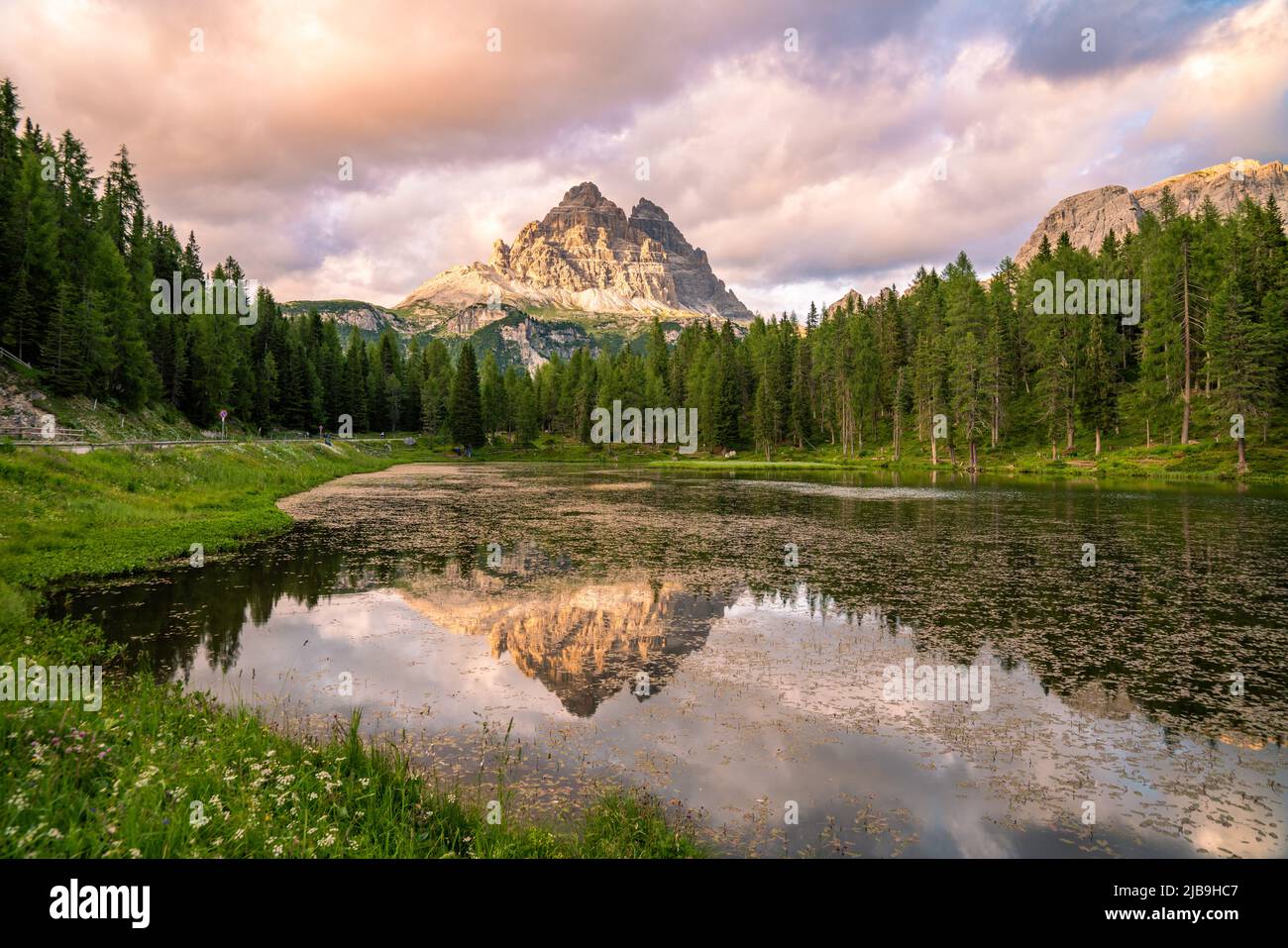 Lago Antorno Lake,Tre Cime di Lavaredo mountain in background, Dolomites, Italy. Stock Photo