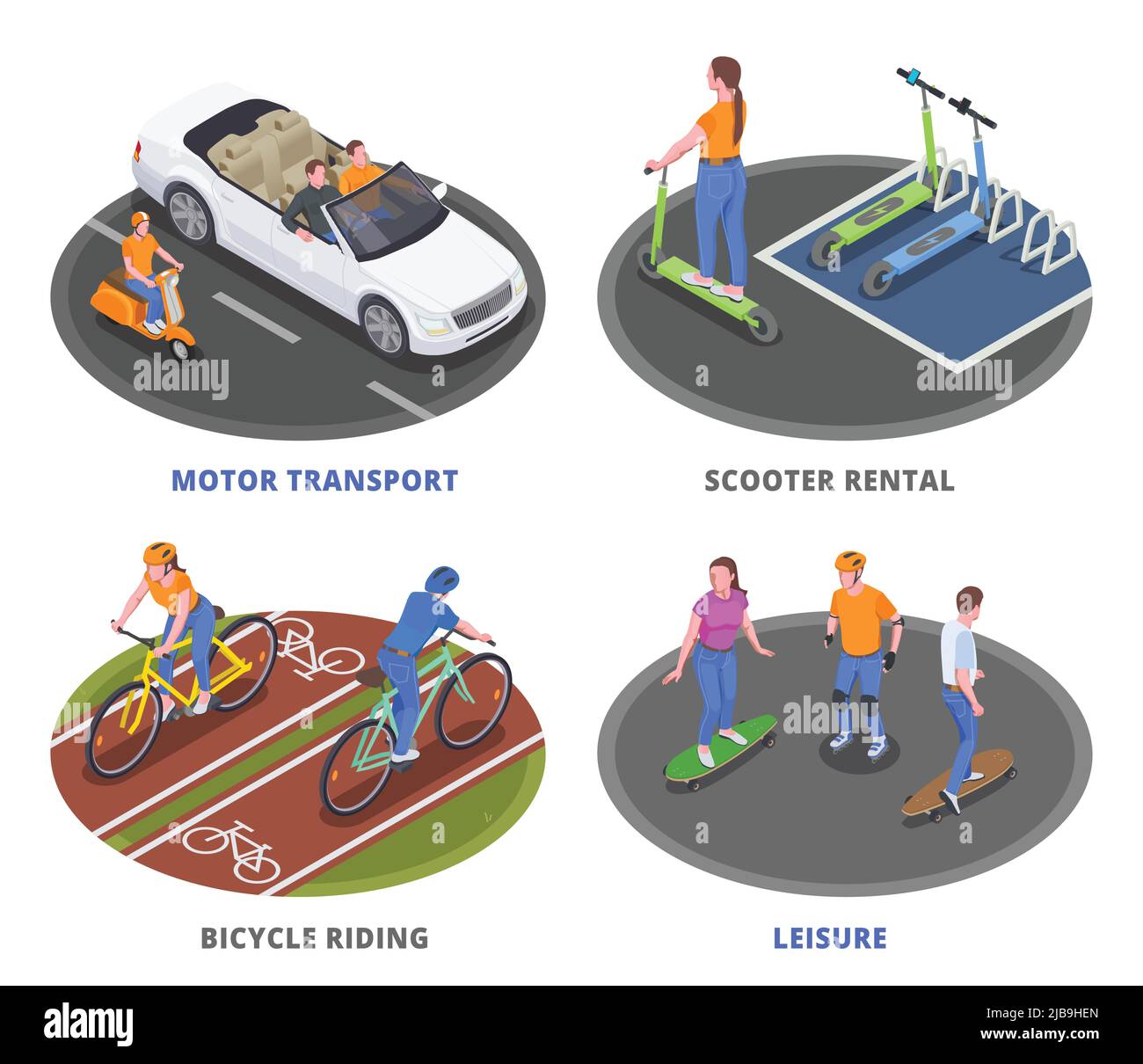 Personal transport 2x2 isometric design concept with people riding bicycle scooter skateboard and driving car 3d isolated vector illustration Stock Vector