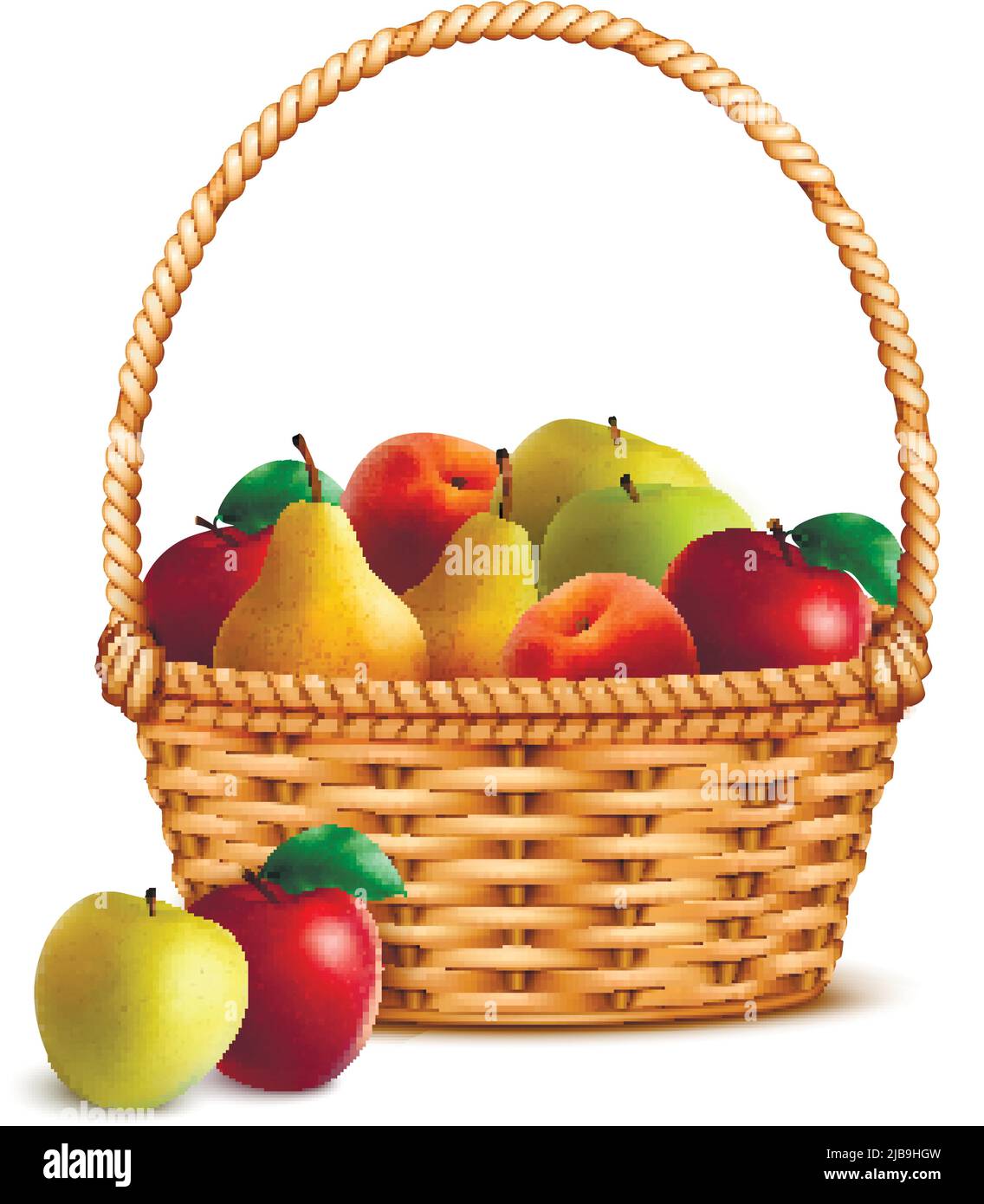 Willow wicker basket one handle full with ripe fresh farmer market fruits closeup realistic image vector illustration Stock Vector