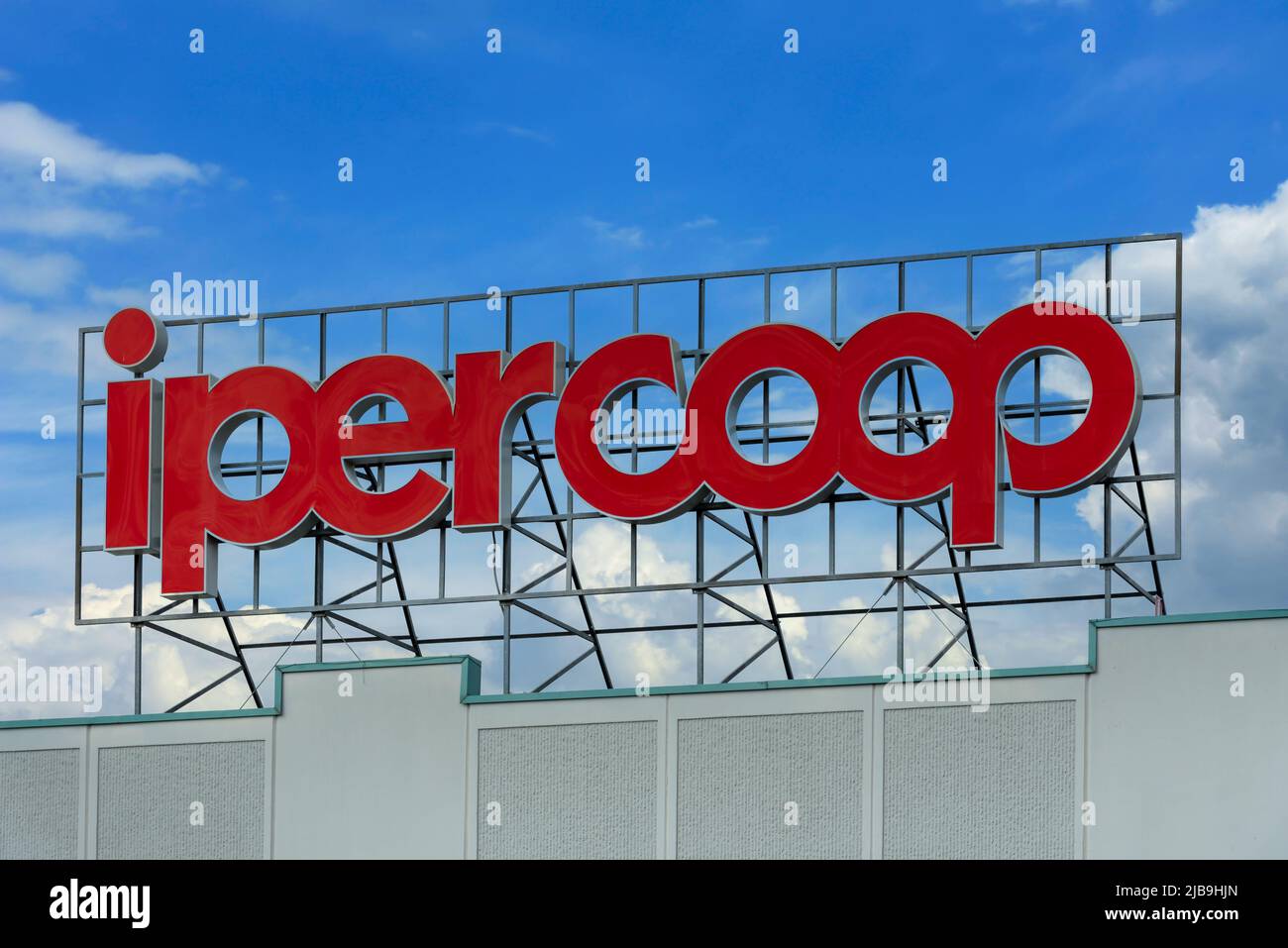 Cuneo, Italy - Giugno 03, 2022: Sign with logo IperCoop, it is a italian cooperative of consumers and supermarkets of large-scale distribution of food Stock Photo