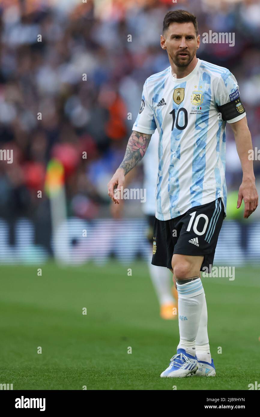London, England, 1st June 2022. Lionel Messi of Argentina looks on during the CONMEBOL-UEFA Cup of Champions match at Wembley Stadium, London. Picture credit should read: Jonathan Moscrop / Sportimage Stock Photo