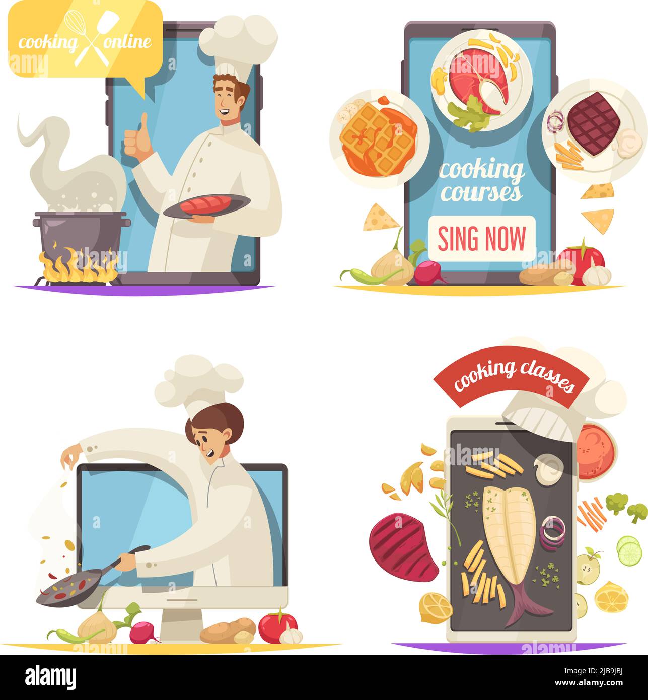 Cooking school concept icons set with courses symbols flat isolated vector illustration Stock Vector