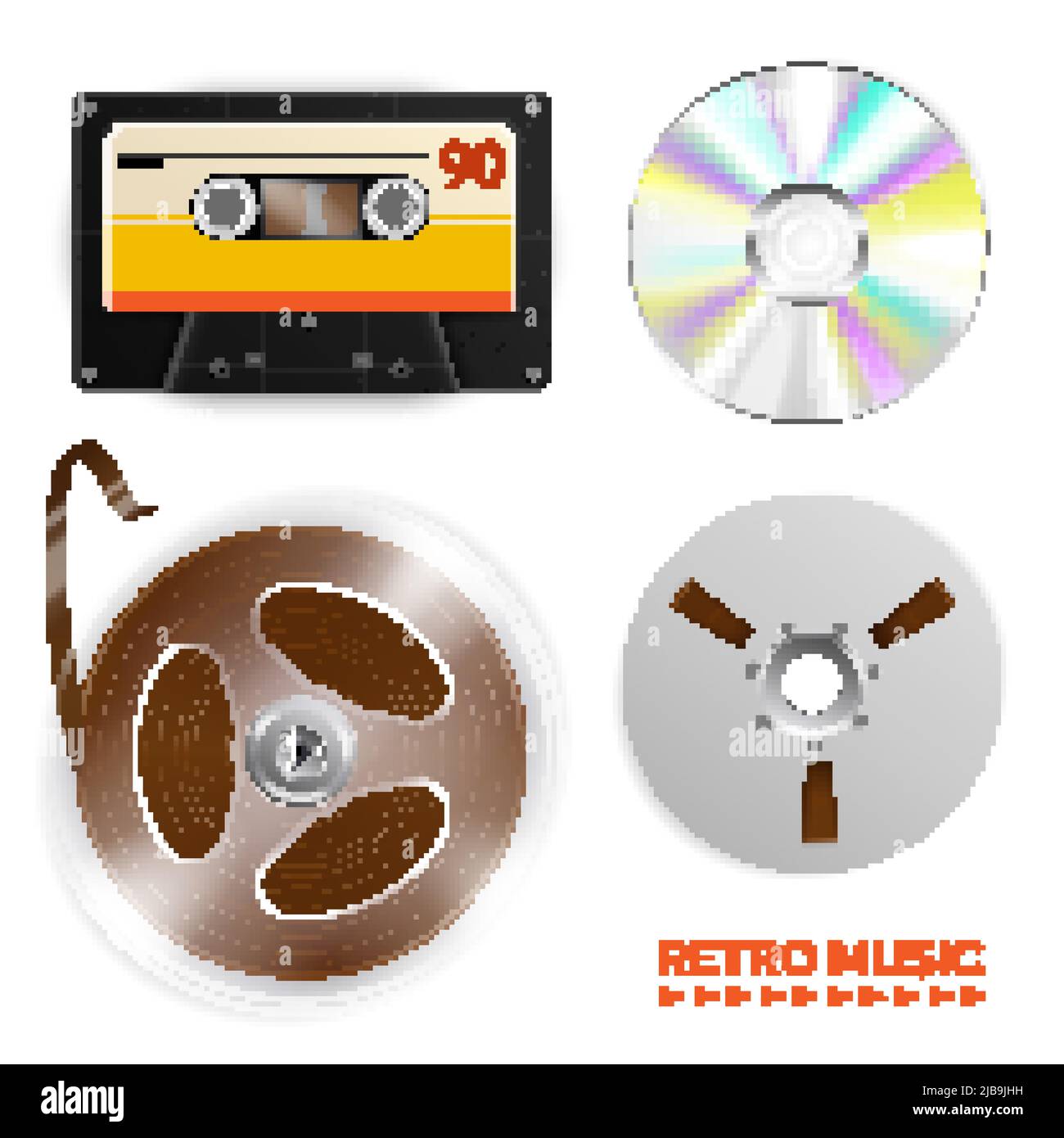Realistic vintage music player set with isolated images of various recording mediums with text and shadows vector illustration Stock Vector