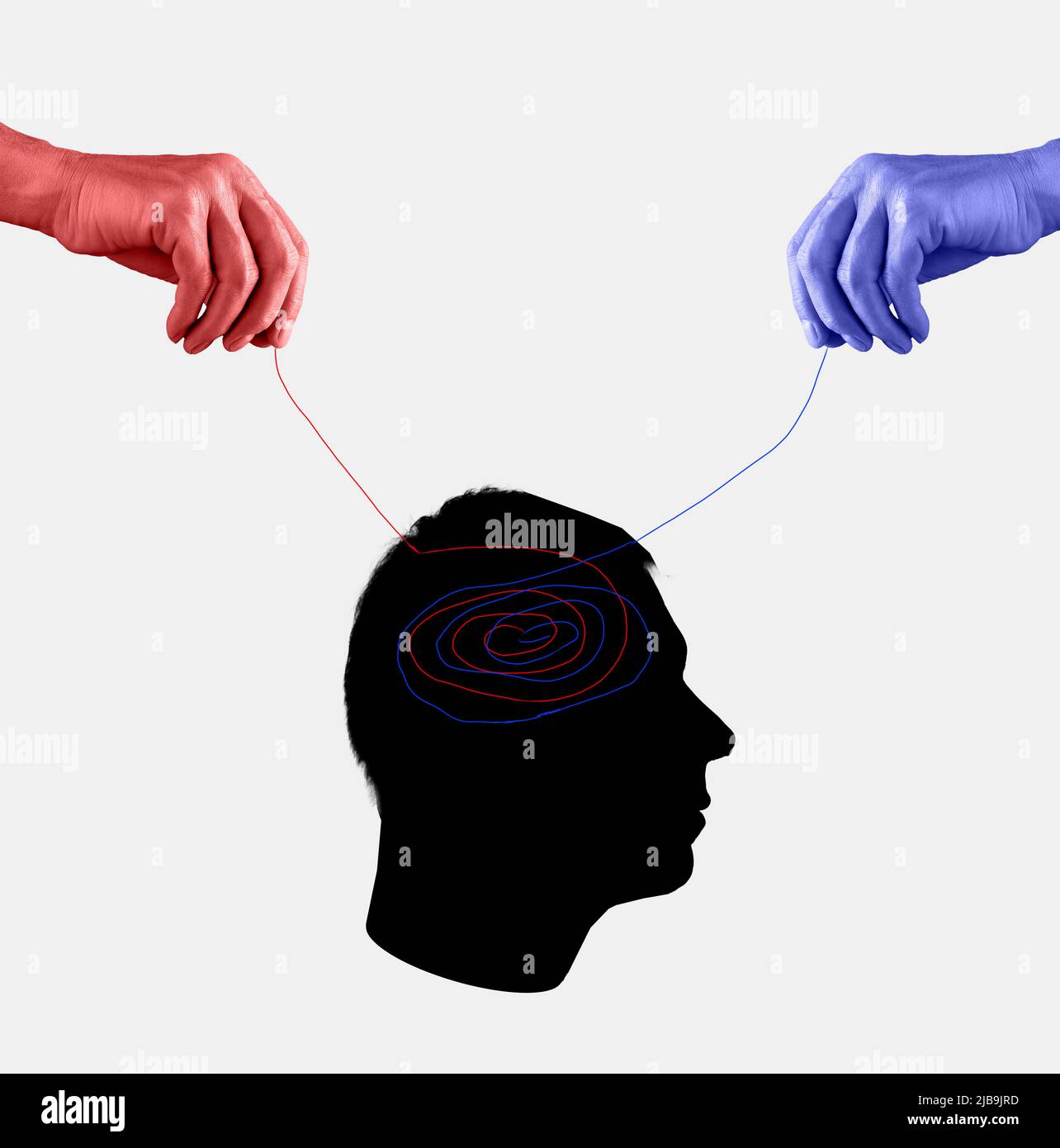 Manipulation from two sides, propaganda. Confusion, doubts, contradictions, analysis in person mind. Red and blue hands holding strings over human head and trying to influence opinion, attitude. photo Stock Photo