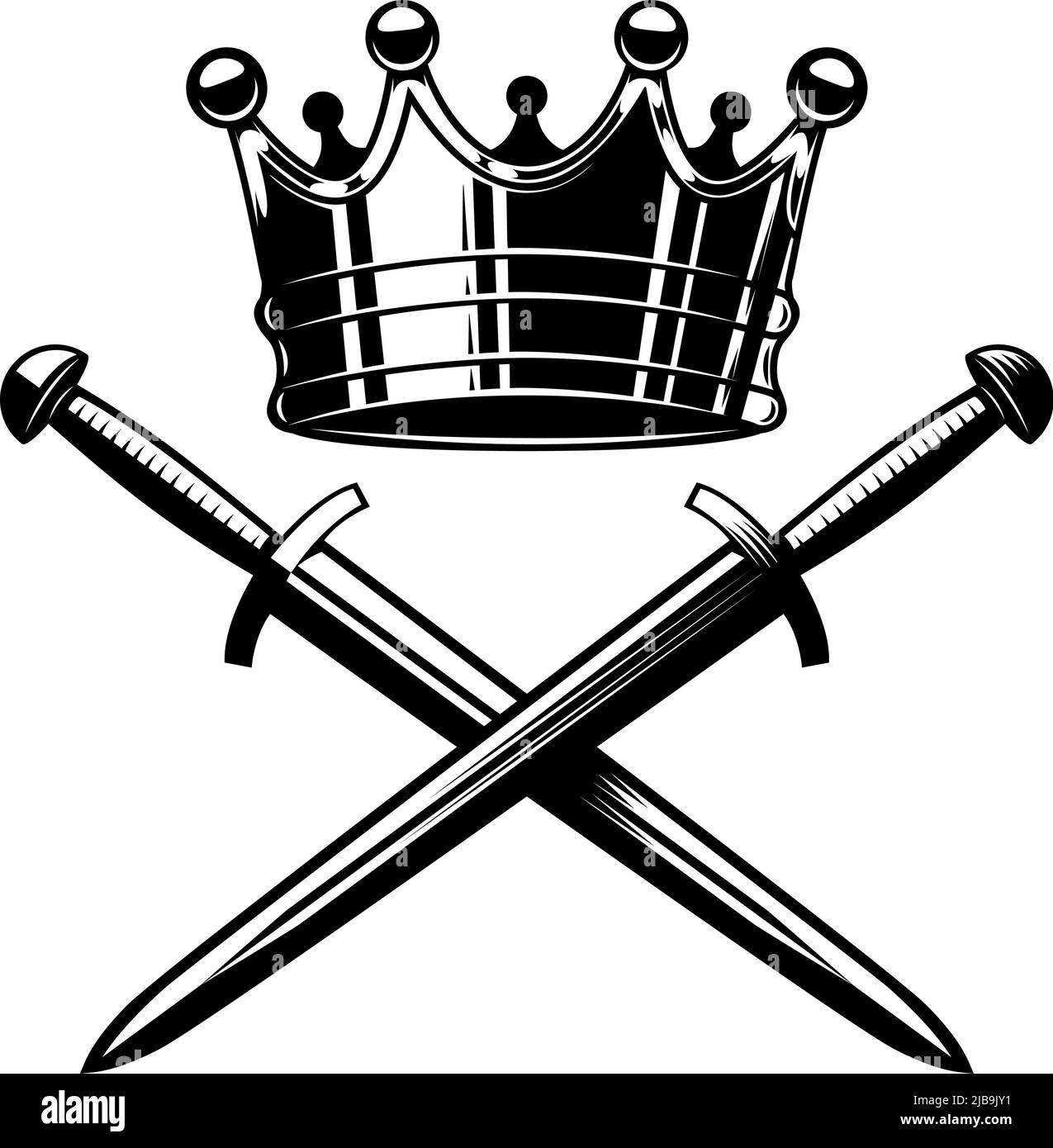 Illustration of king crown and crossed swords in monochrome style. Design element for logo, emblem, sign, poster, t shirt. Vector illustration Stock Vector