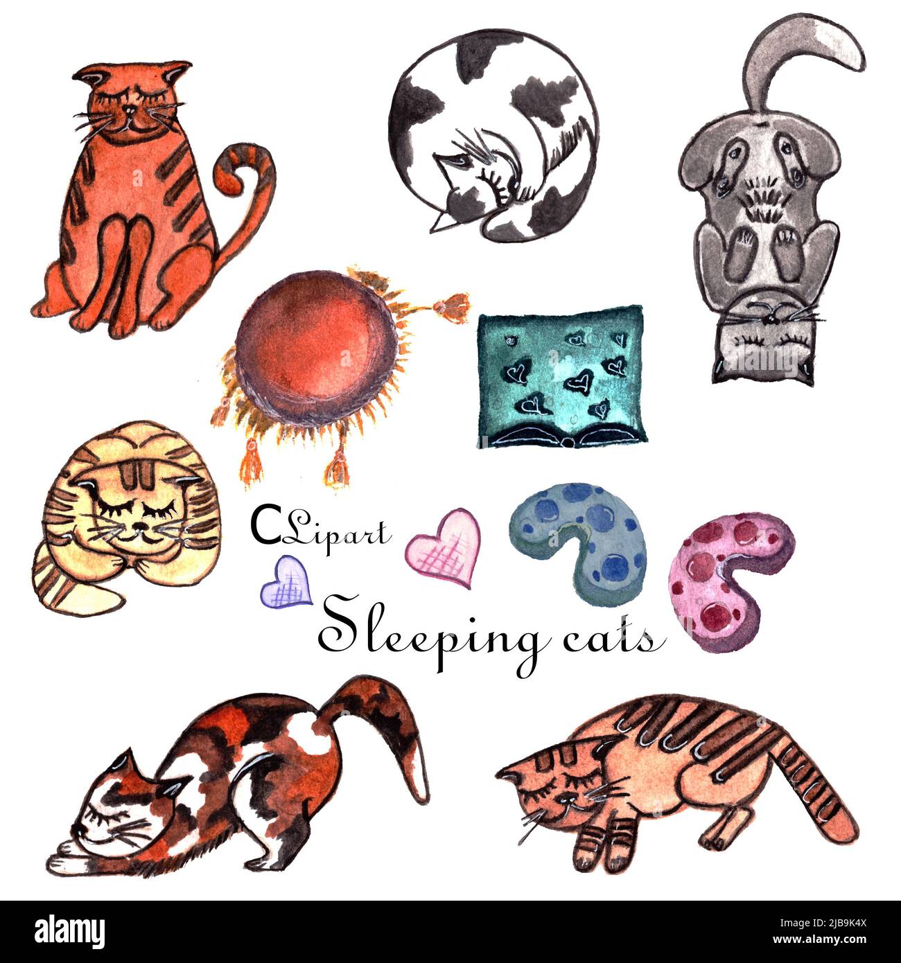 Watercolor hand painted set, stickers ,clip art of cute sleeping cats in different poses and pillows, Isolated on white background. Stock Photo