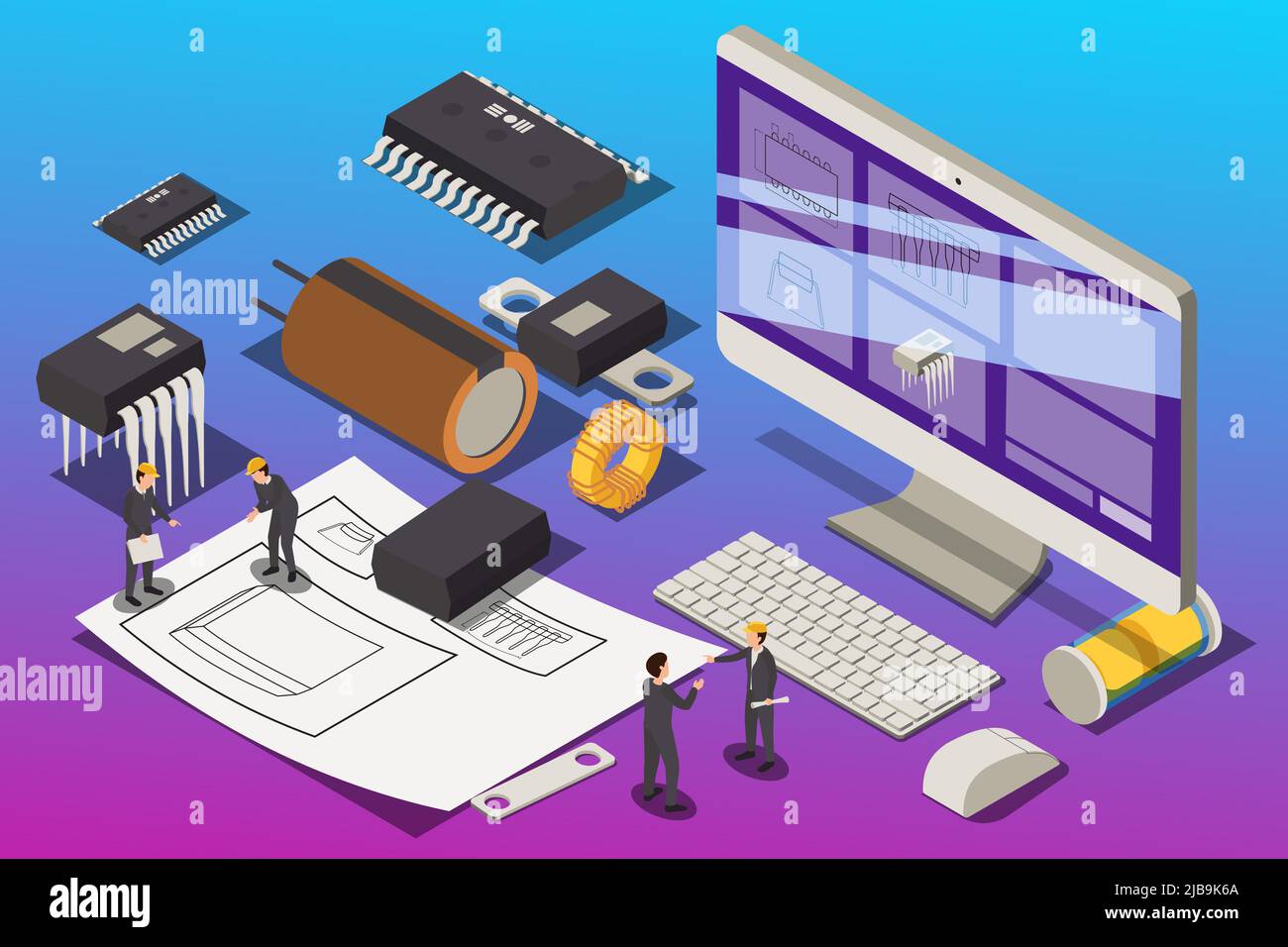 Semiconductor element production isometric composition with project working place computer and small workers with silicon chips vector illustration Stock Vector