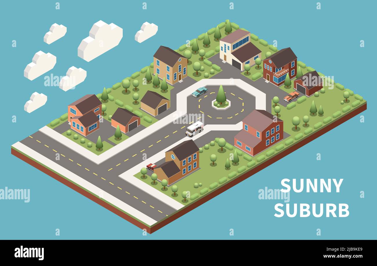 Sunny suburb isometric background  illustrated green suburban neighborhood with good roads and modern buildings vector illustration Stock Vector