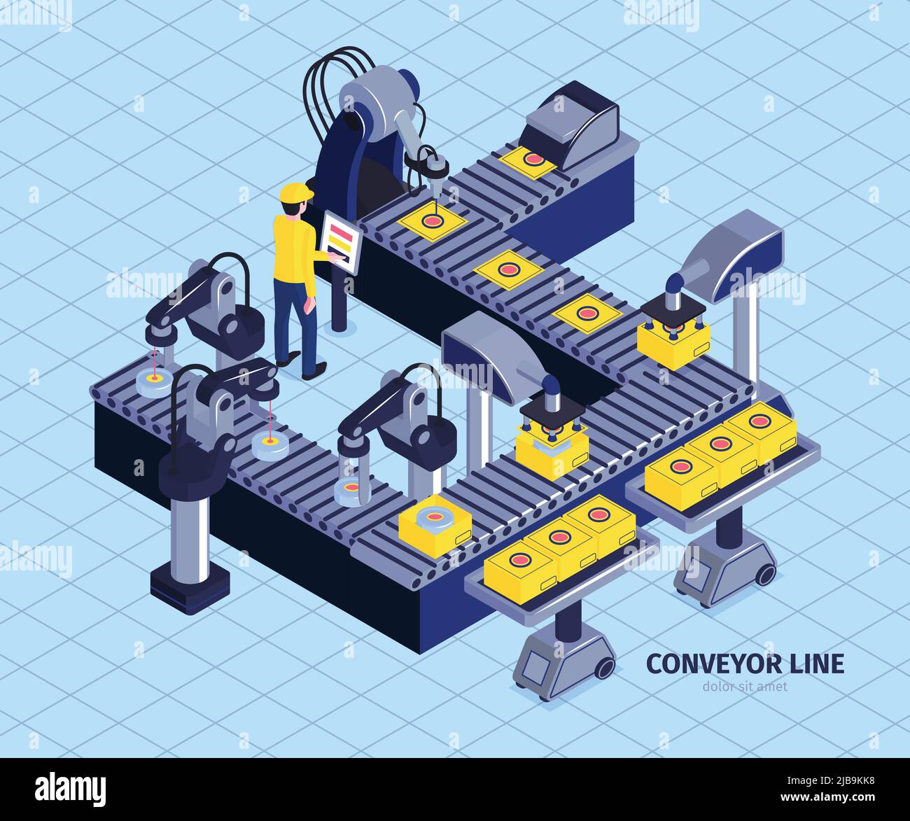 Isometric robot automation conveyor factory composition with image of ...