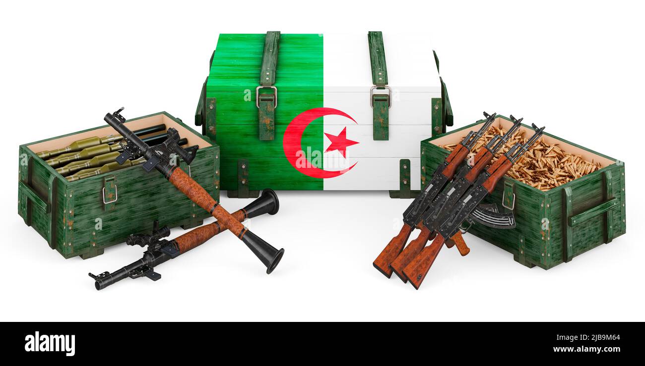 Weapons, military supplies in Algeria, concept. 3D rendering isolated on white background Stock Photo