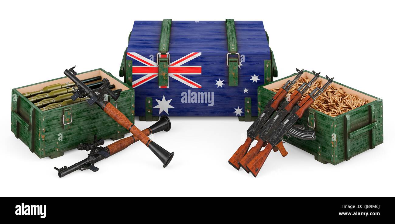 Weapons, military supplies in Australia, concept. 3D rendering isolated on white background Stock Photo