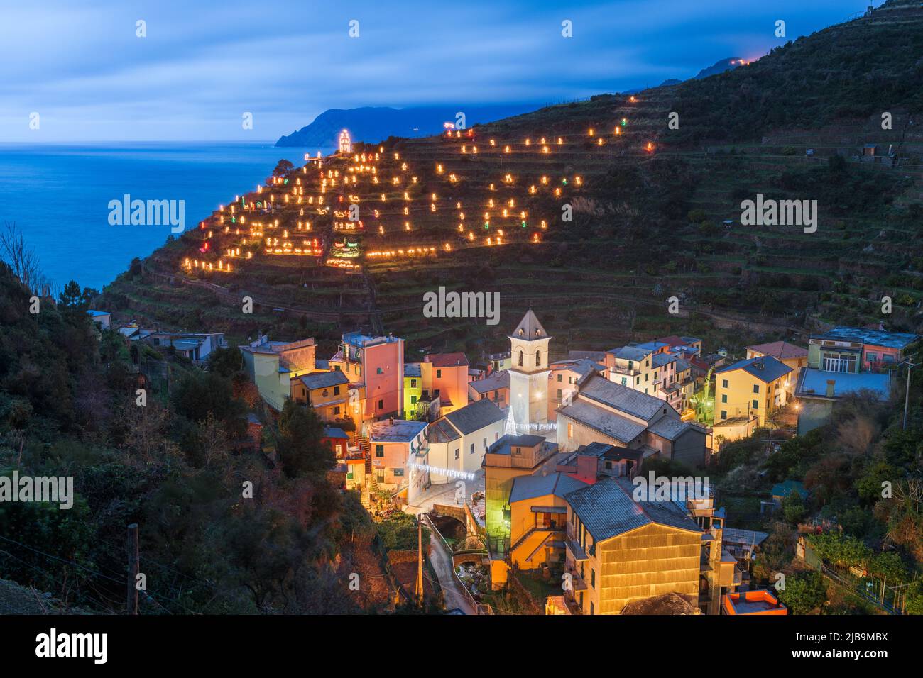 Manarola, Italy in the Cinque Terre Region during Christmas season with