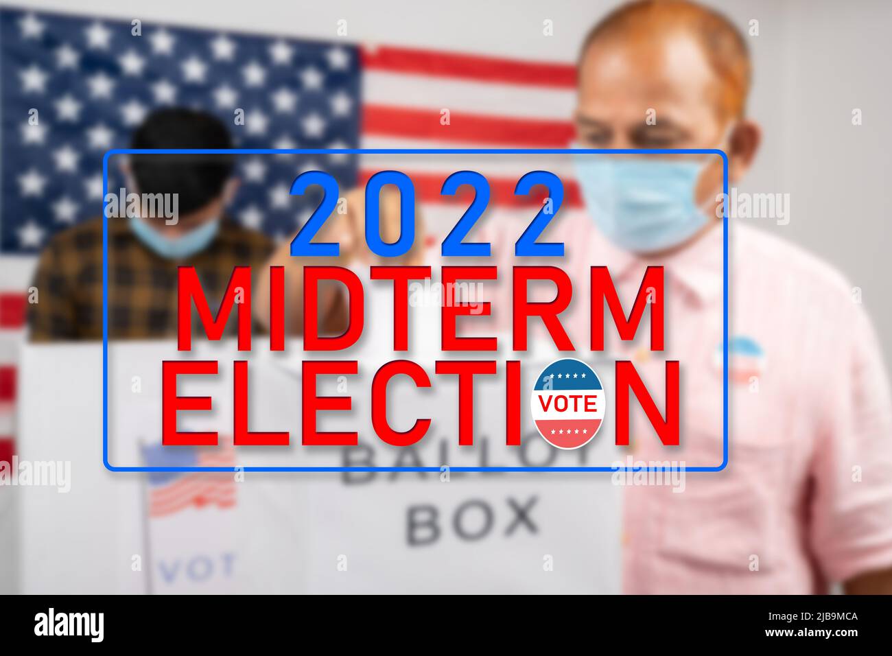 Concept of 2022 Midterm election showing by Man in medical mask placing ballot paper inside the ballot box at polling booth. Stock Photo
