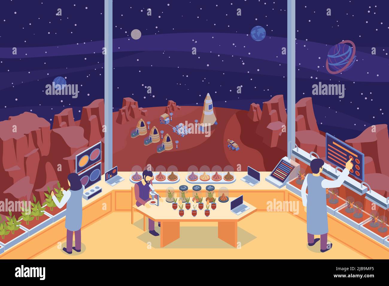Colored isometric mars colonization laboratory composition with three scientists at the lab vector illustration Stock Vector