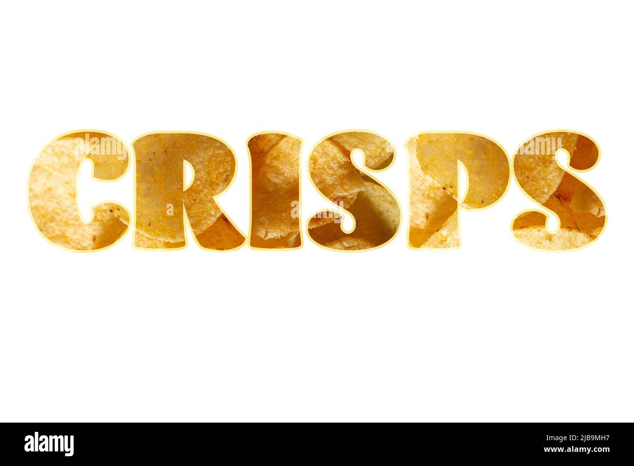 The word Crisps backed by an image of potato crisps/ chips Stock Photo