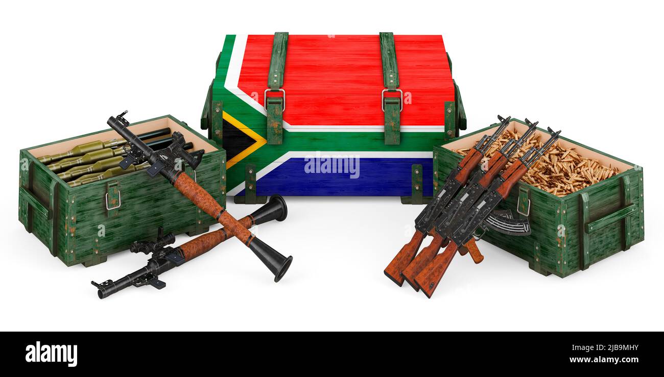 Weapons, military supplies in South Africa, concept. 3D rendering isolated on white background