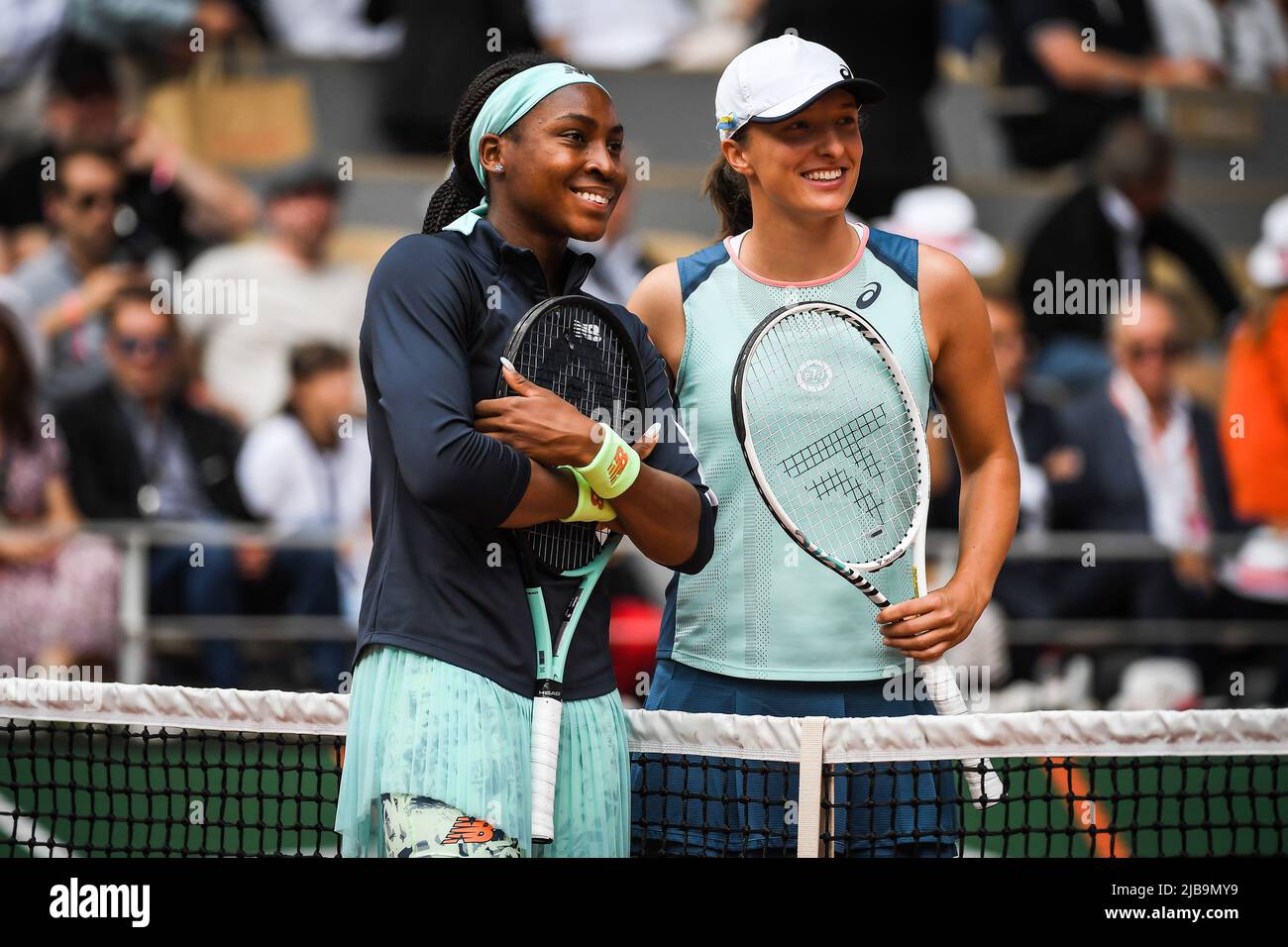 Iga SWIATEK of Poland with Coco GAUFF of United States during the Day  fourteen of Roland-Garros 2022, French Open 2022, Grand Slam tennis  tournament at the Roland-Garros stadium on June 04, 2022
