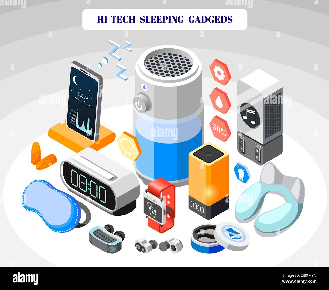 Sleep Tech Week Vector Hi-tech sleeping isometric colored composition with technical and ...