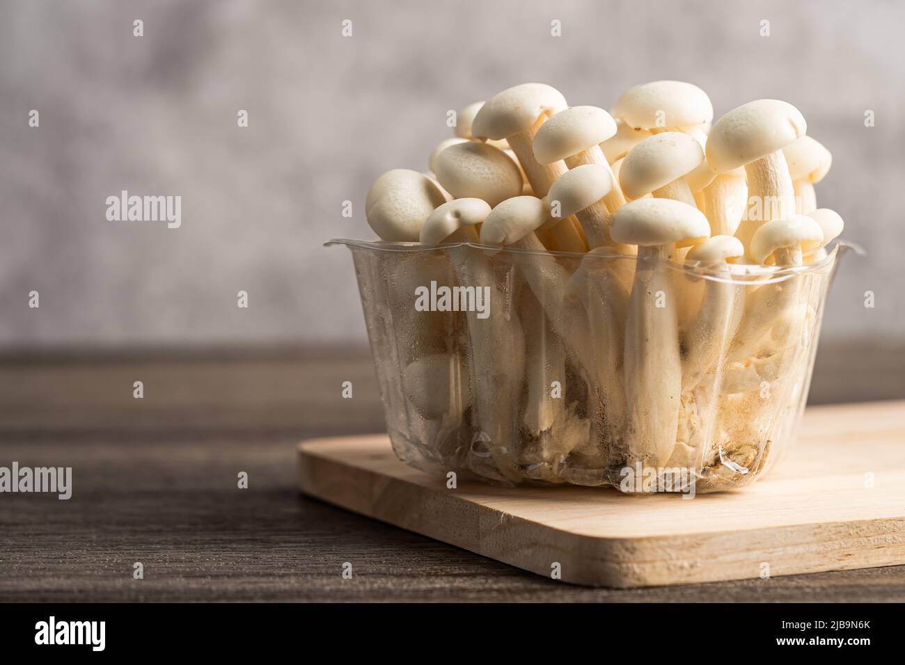 Shimeji, Fresh white bunapi mushrooms from Asia in wooden bowl. Stock Photo