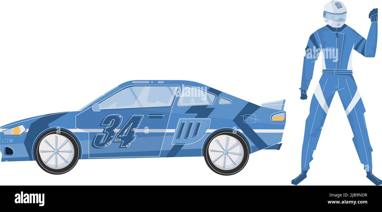 Flat racing car and character of racer in helmet and blue outfit vector illustration Stock Vector