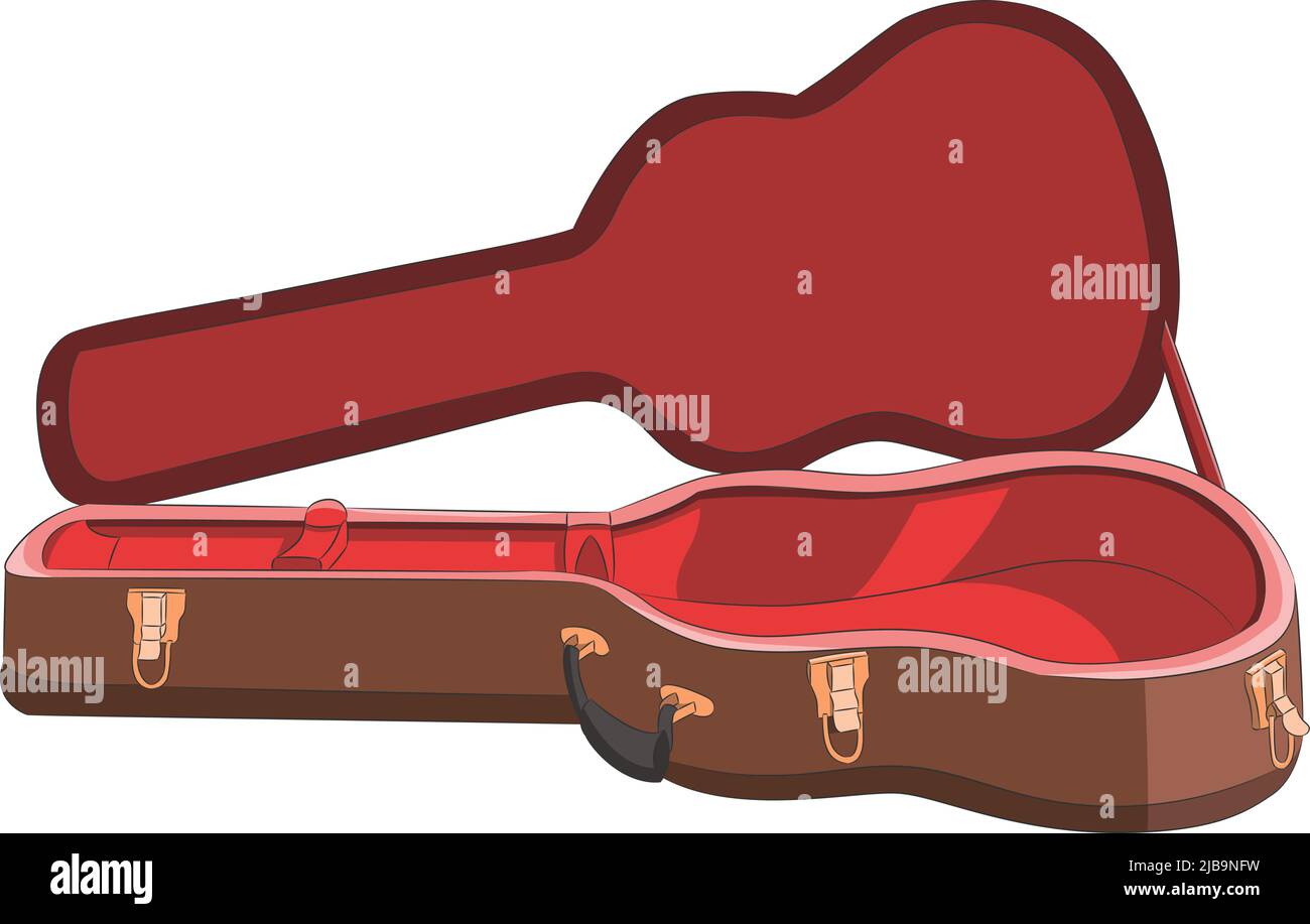 Open brown guitar case with red velvet lining and gold clasps isolated on white background. Stock Vector
