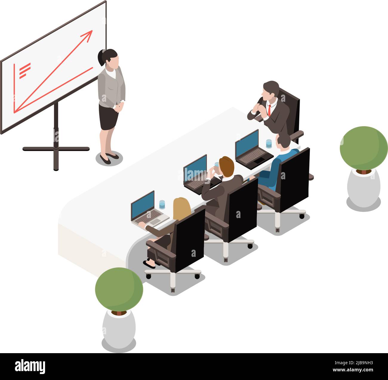 Meeting room isometric interior with modern table white board plants ...