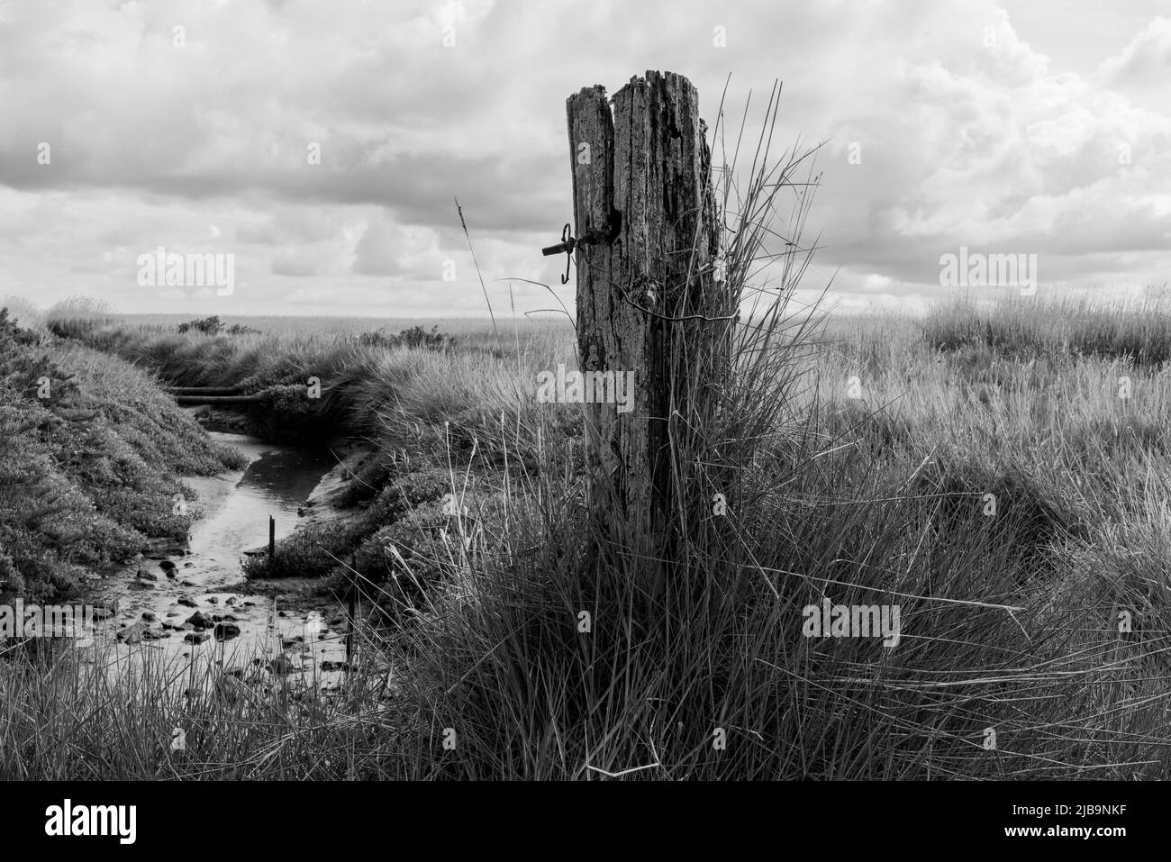 Black and White Artistic image of an old post in the Norfolk Marshes next to a small channel.  Depicts a harsh and wild yet beautiful landscape. Stock Photo