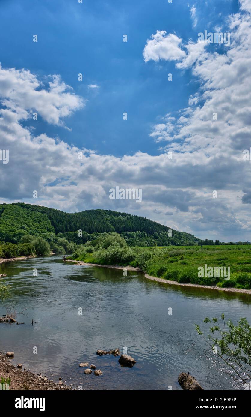 Confluence of the River Lugg and the River Wye near Mordiford Bridge, Mordiford, Herefordshire Stock Photo