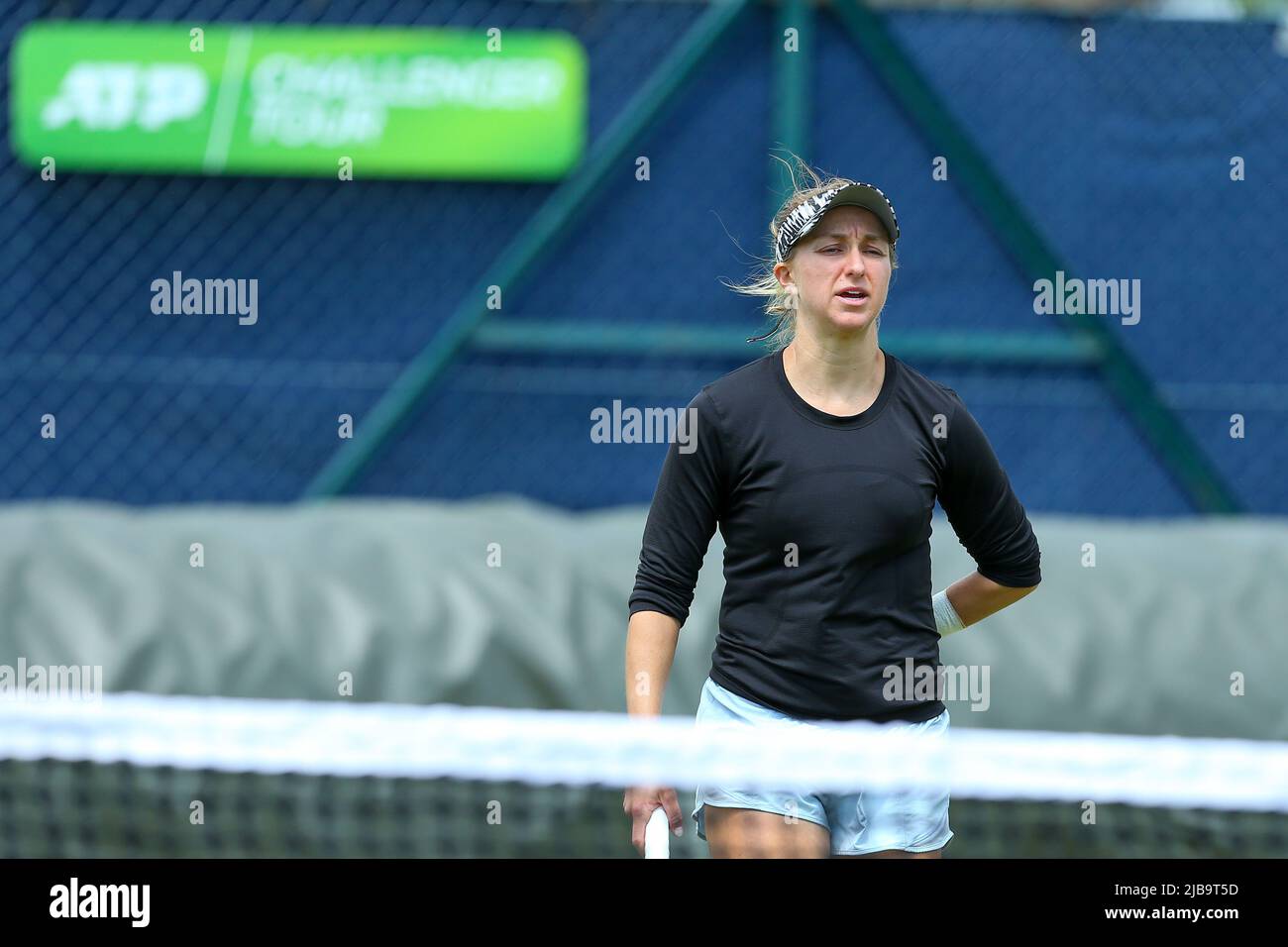 4th June 2022; Surbiton Racket &amp; Fitness Club, Surbiton, London, England: Surbiton Trophy Tennis tournament, womens doubles final; Catherine Harrison (USA) communicating with Fernanda Contreras (MEZ) in their match against Ingrid Neel (USA) and Rosalie Van der Hoek (NED) Stock Photo