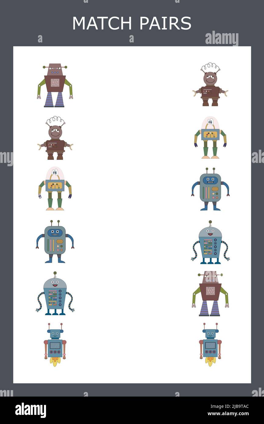 Find a pair or match game with robots. Worksheet for preschool kids, kids  activity sheet, printable worksheet Stock Photo - Alamy