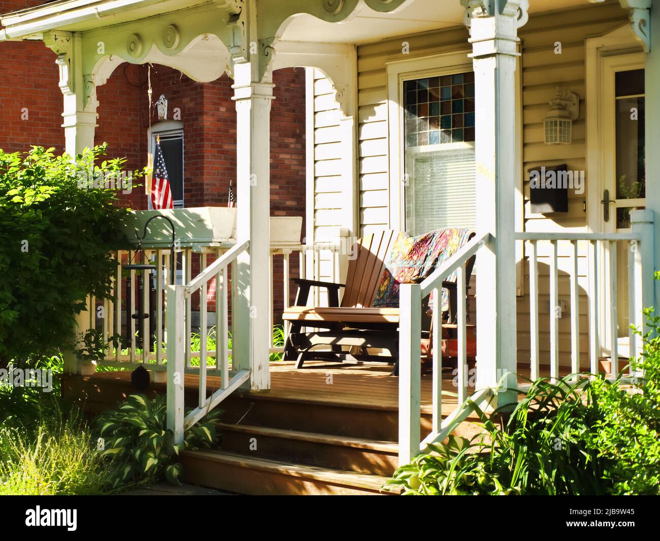 Pretty front porch in a small American village Stock Photo