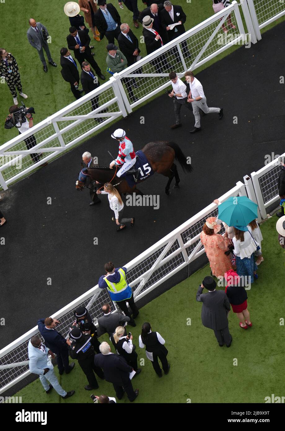 Mokaatil ridden by Harry Davies on the horse walk prior to Simpex Express ÔDashÕ Handicap on Derby Day during the Cazoo Derby Festival 2022 at Epsom Racecourse, Surrey. Picture date: Saturday June 4, 2022. Stock Photo