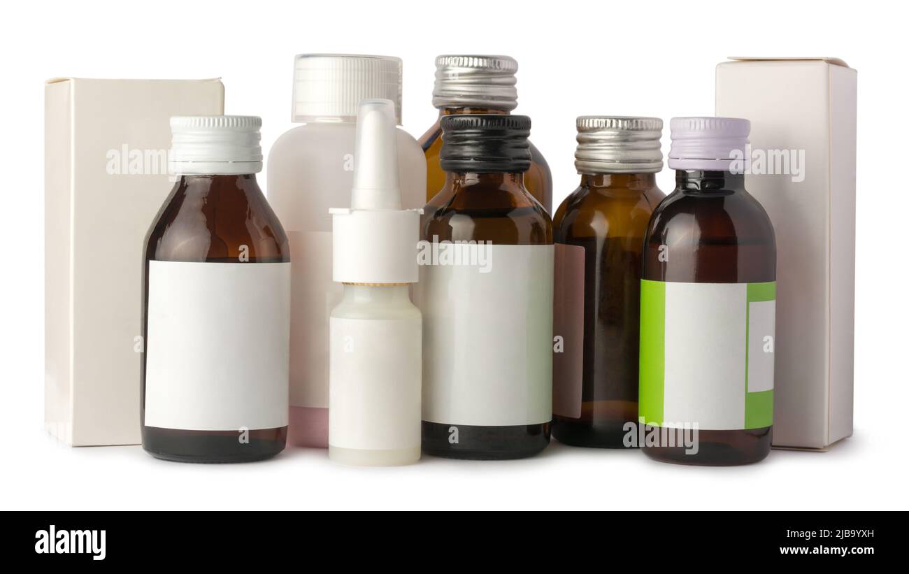 group of different medicine containers mockup with blank labels, pharmaceutical spray and syrup bottles with packages, template for medicament Stock Photo