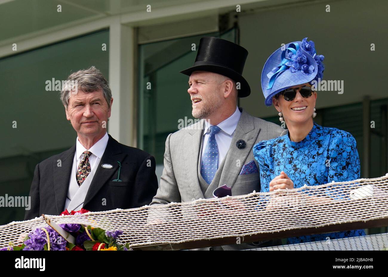 Sir Timothy Laurence (left) and Mike and Zara Tindall in the stands on  Derby Day during the Cazoo Derby Festival 2022 at Epsom Racecourse, Surrey.  Picture date: Saturday June 4, 2022 Stock Photo - Alamy