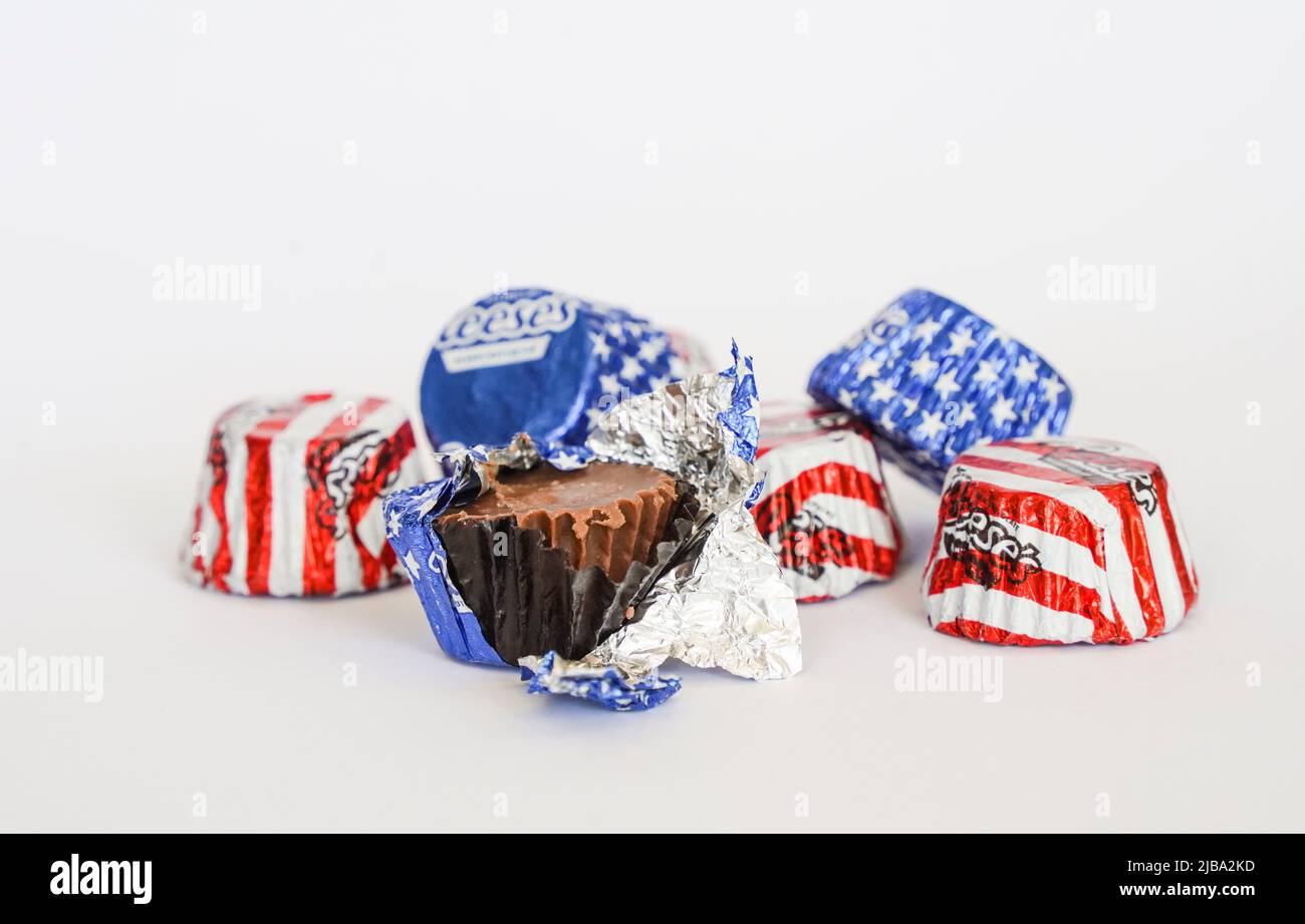 Reese's miniature cups, special edition American flag, Reeses peanut butter cups. Stock Photo