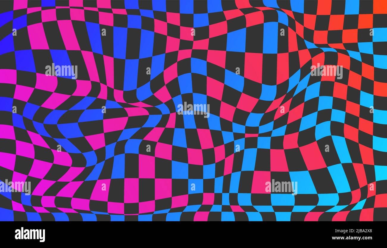 Checkered background with distorted squares. Abstract banner with distortion. Chess pattern. Chessboard surface Stock Vector