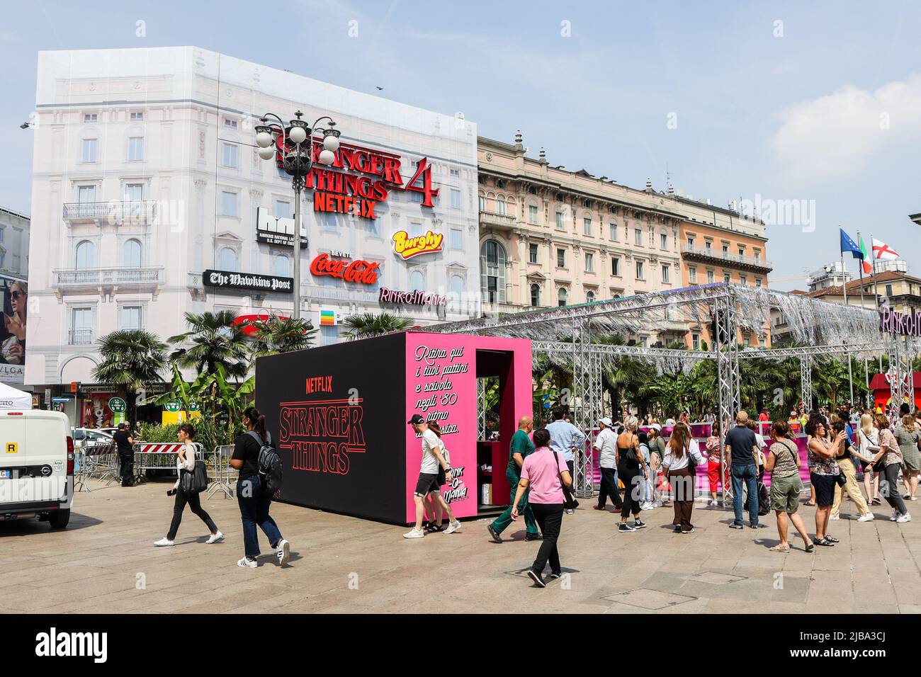 Netflix launch campaign for the release of Stranger Things 4 in Piazza Duomo, Milano, Italy, on May 27 2022. For the occasion, the centre of Milan has been decked out with activities reminiscent of the 1980s Stock Photo