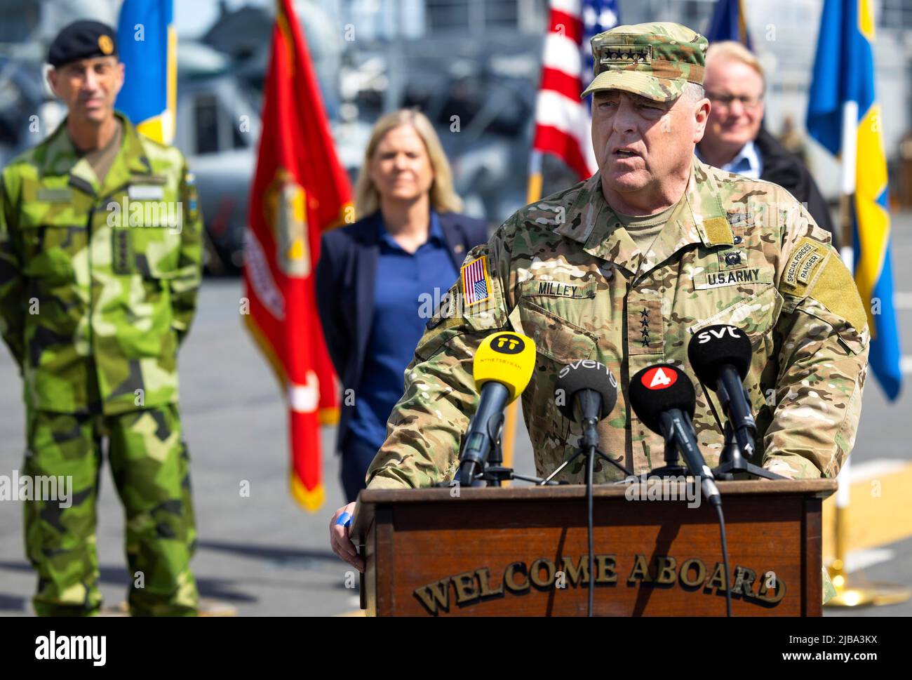 US Chairman of the Joint Chiefs of Staff, General Mark Milley speaks during a press conference, also attended by (L-R) Swedish Supreme Commander Micael Bydén, Swedish Prime Minister Magdalena Andersson and Swedish Defence Minister Peter Hultqvist, aboard the American amphibious warship USS Kearsarge in Stockholm, Sweden, on June 04, 2022, ahead of the Baltic Operations 'Baltops 22' exercise that will take place from June 5 to 17 in the Baltic Sea. Foto: Fredrik Persson / TT / kod 1081 Stock Photo