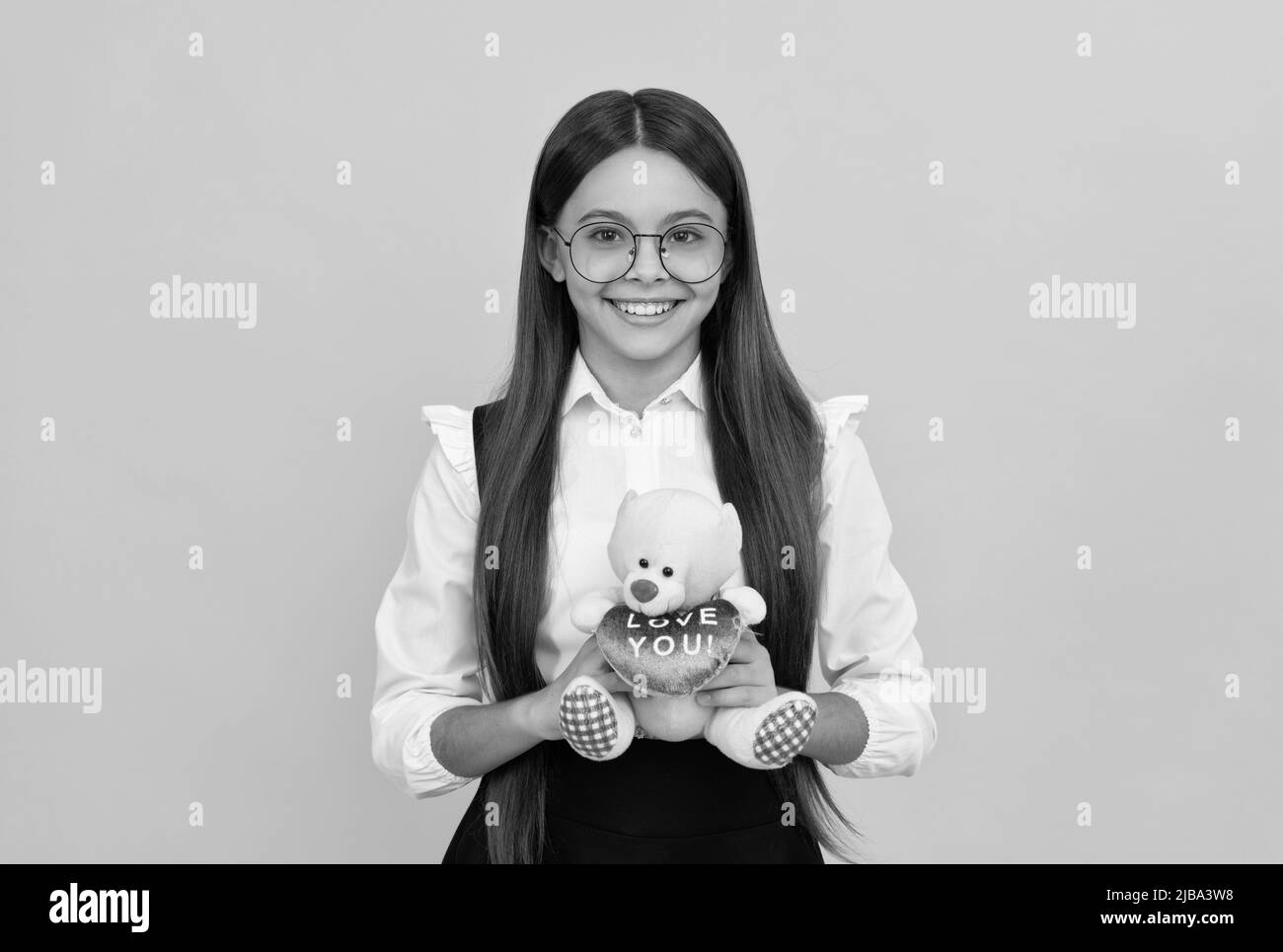 Love you. Happy child smile holding teddy bear. Valentines gift. February 14. Valentines day Stock Photo