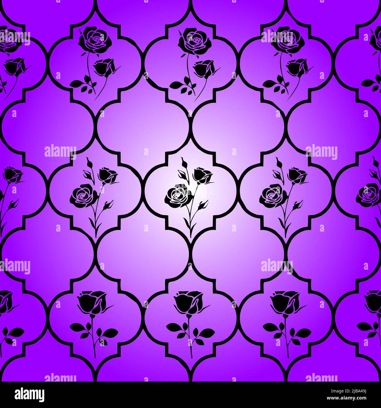 bushy black geometric pattern with floral elements on purple background, tile, symmetrical repeat pattern, texture, design Stock Vector