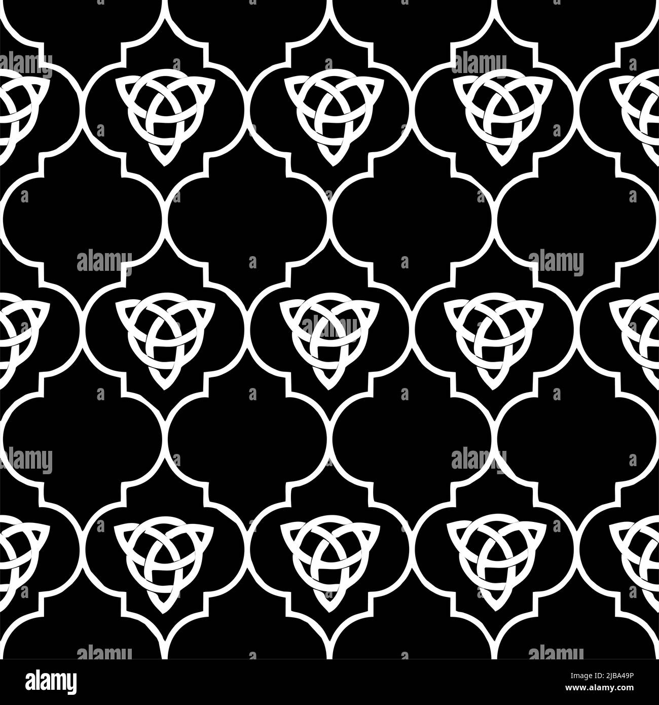 bushy white geometric pattern on black background, tile, symmetrical repeat pattern, texture, design Stock Vector