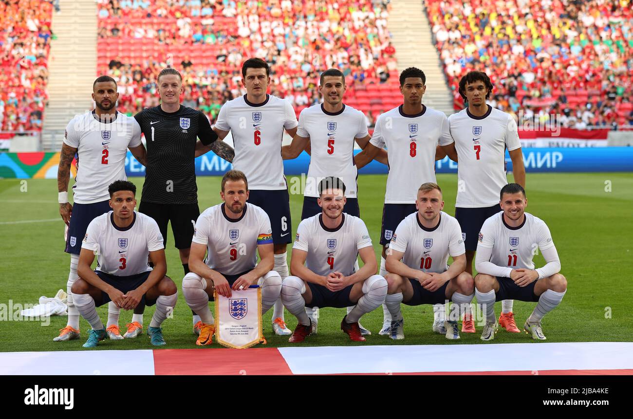 Budapest, Hungary, 4th June 2022.   Kyle Walker, Jordan Pickford, Harry Maguire, Conor Coady, Jude Bellingham, Trent Alexander-Arnold. Front row from left James Justin, Harry Kane, Declan Rice, Jarrod Bowen, Mason Mount of England during the UEFA Nations League match at Puskas Arena, Budapest. Picture credit should read: David Klein / Sportimage Credit: Sportimage/Alamy Live News Stock Photo