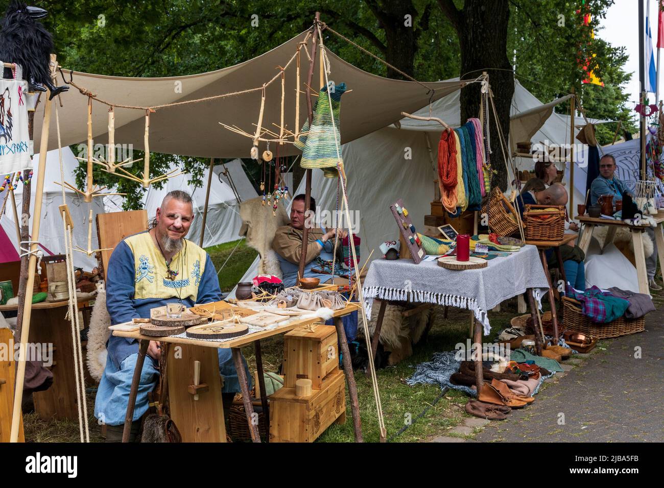 Pfingst-Spektakulum in Muelheim an der Ruhr, Germany. Medieval camp with artisan market. Event with a medieval knights tournament with camp and crafts market in Müga-Park near Schloss Broich castle. Stock Photo
