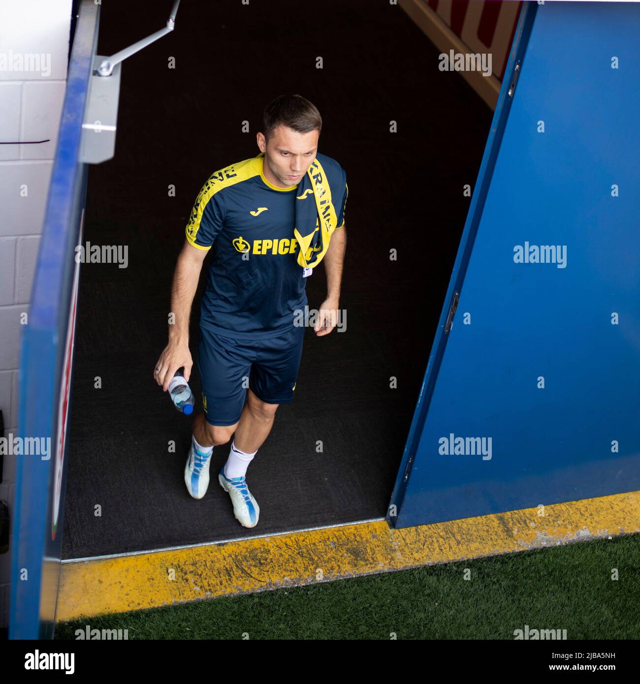 Cardiff, Wales, UK. 4th June, 2022. Oleksandr Karavayev exits the tunnel for Ukraine national football team training at the Cardiff City Stadium ahead of the FIFA World Cup play-off final match against Wales. Credit: Mark Hawkins/Alamy Live News Stock Photo