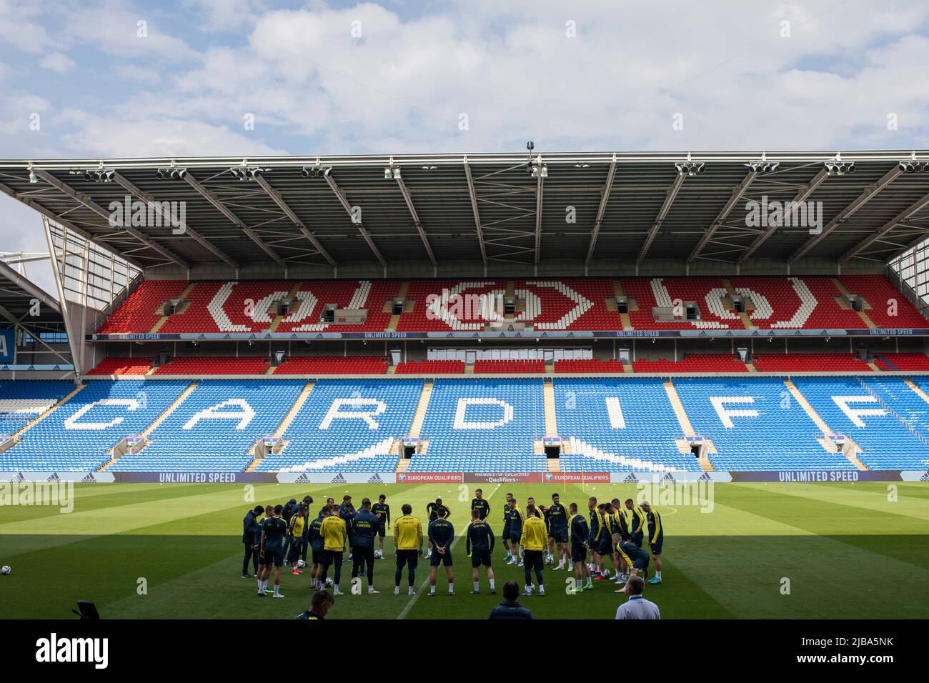 Cardiff, Wales, UK. 4th June, 2022. Players form a circle ahead of Ukraine national football team training at the Cardiff City Stadium ahead of the FIFA World Cup play-off final match against Wales. Credit: Mark Hawkins/Alamy Live News Stock Photo